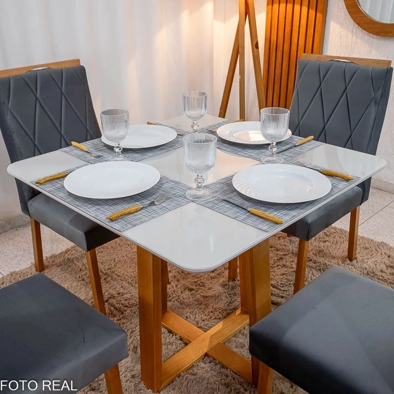 Mesa de Jantar Bali 90x90 Vidro Off/Base Madeira Minas Plac + 4 Cad. Lisboa Veludo Cinza 507 Madeira Art Assento - Imagem 2
