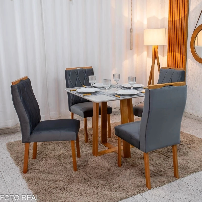 Mesa de Jantar Bali 90x90 Vidro Off/Base Madeira Minas Plac + 4 Cad. Lisboa Veludo Cinza 507 Madeira Art Assento - Imagem 3