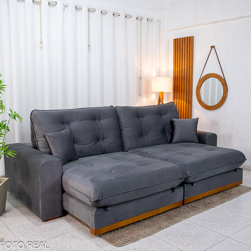 Sofá Retrátil Reclinável Ruah 2.90m Veludo Chumbo 4053 - Molas Ensacadas