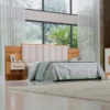 Cabeceira Queen Íris Larg. 1.60m Acolchoada Linho Bege e Detalhe Ripado Cinamomo/Off D Doro