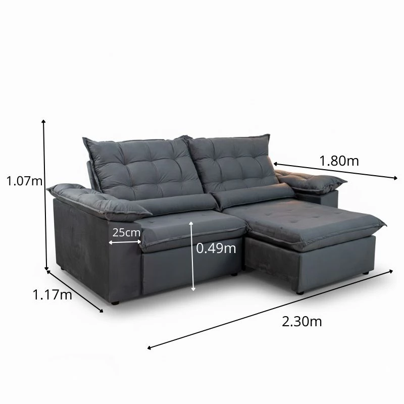 Sofá Retrátil Reclinável Emanuelly 2.30m Veludo Cinza 20 - Imagem 2