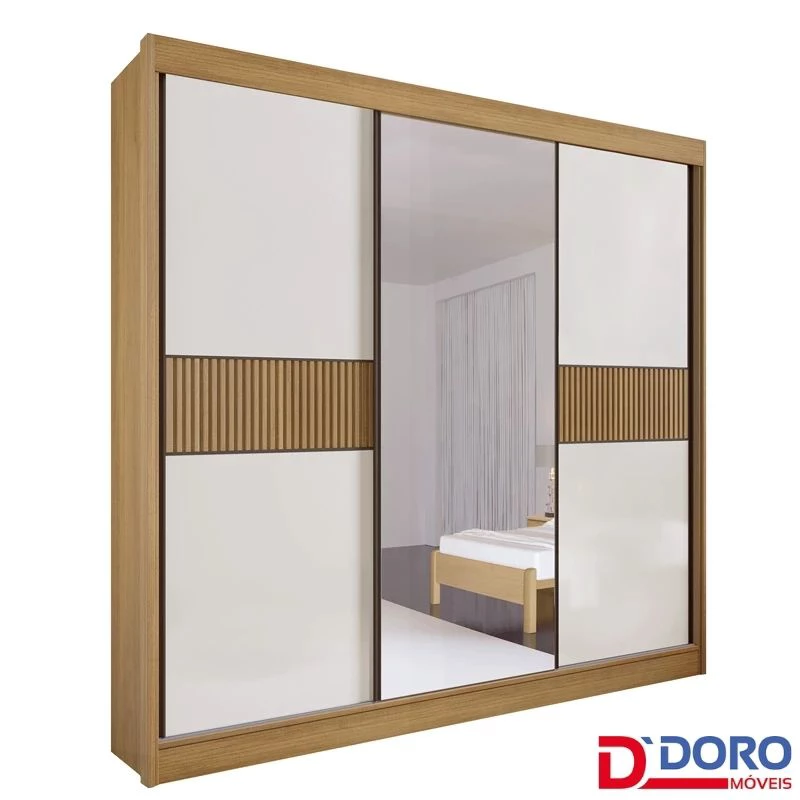 Roupeiro Casal Los Angeles Cinamomo/Off 3 Portas 6 Gavetas C/ 1 Espelho Detalhe Ripado Portas Flex 100% MDF Larg. 2.73m - D Doro